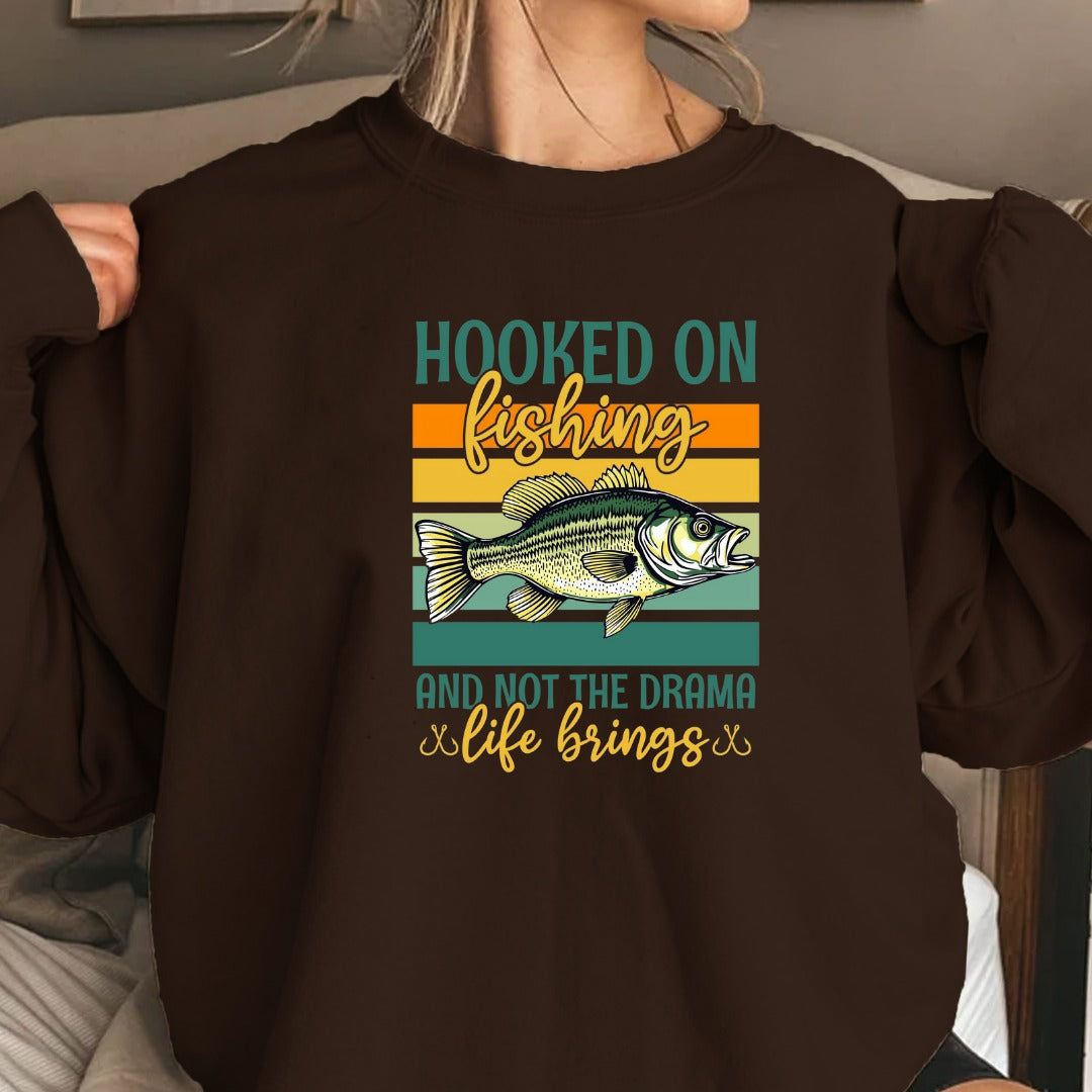 Hooked on Fishing and Not the Drama Crewneck Sweatshirt, Retro Fish Graphic Pullover, Fisherman Gift, Outdoor Angler Apparel, Ocean Crewneck