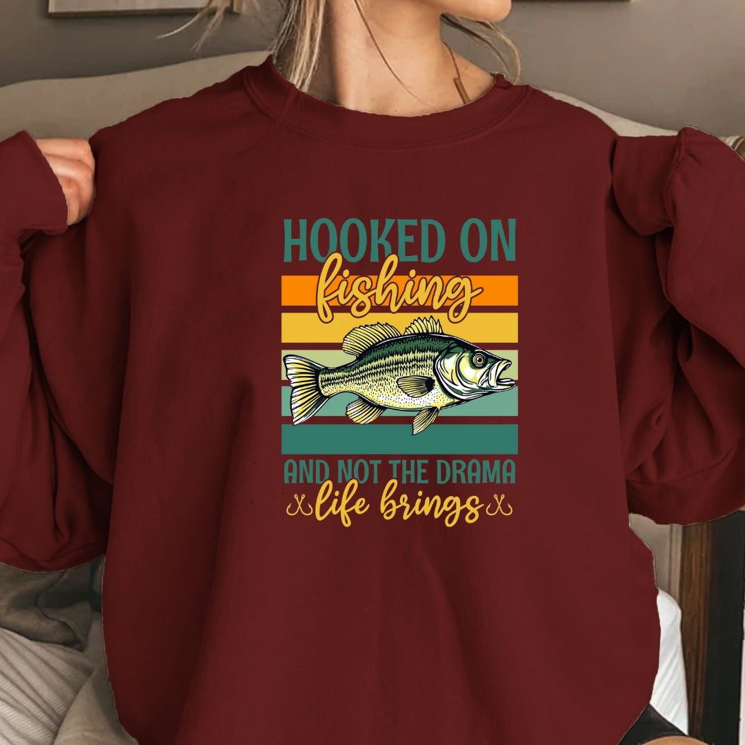 Hooked on Fishing and Not the Drama Crewneck Sweatshirt, Retro Fish Graphic Pullover, Fisherman Gift, Outdoor Angler Apparel, Ocean Crewneck