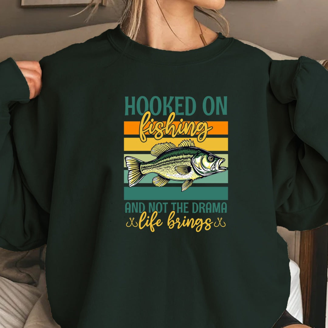 Hooked on Fishing and Not the Drama Crewneck Sweatshirt, Retro Fish Graphic Pullover, Fisherman Gift, Outdoor Angler Apparel, Ocean Crewneck