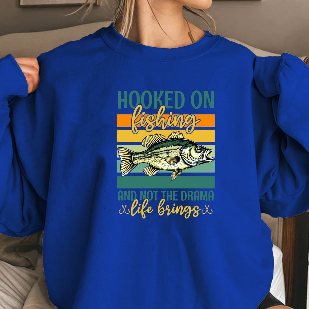 Hooked on Fishing and Not the Drama Crewneck Sweatshirt, Retro Fish Graphic Pullover, Fisherman Gift, Outdoor Angler Apparel, Ocean Crewneck