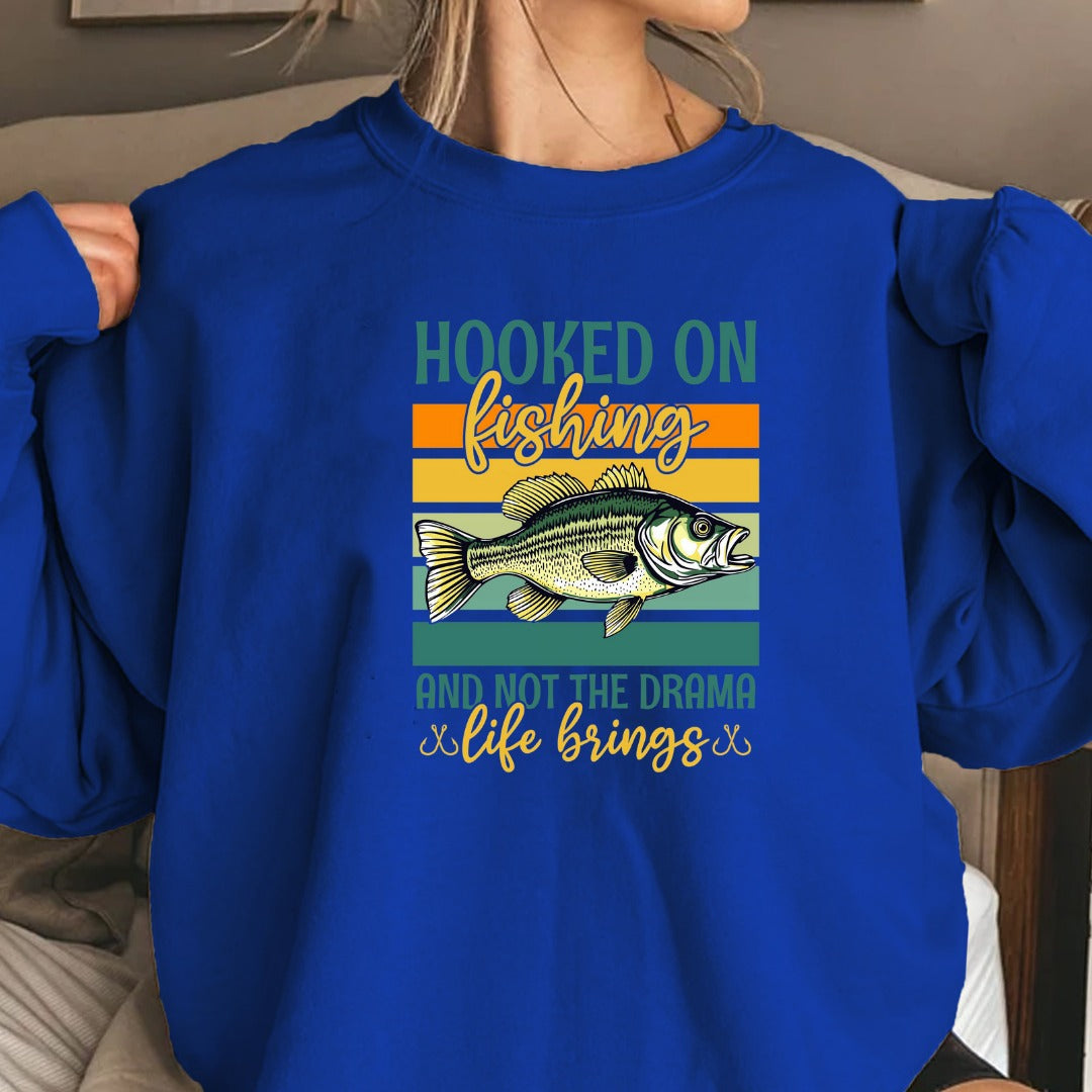 Hooked on Fishing and Not the Drama Crewneck Sweatshirt, Retro Fish Graphic Pullover, Fisherman Gift, Outdoor Angler Apparel, Ocean Crewneck