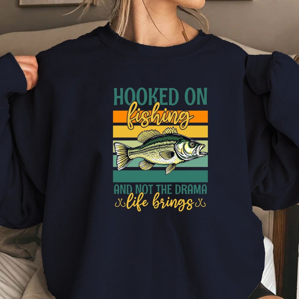 Hooked on Fishing and Not the Drama Crewneck Sweatshirt, Retro Fish Graphic Pullover, Fisherman Gift, Outdoor Angler Apparel, Ocean Crewneck