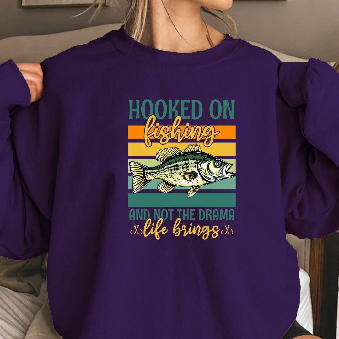Hooked on Fishing and Not the Drama Crewneck Sweatshirt, Retro Fish Graphic Pullover, Fisherman Gift, Outdoor Angler Apparel, Ocean Crewneck