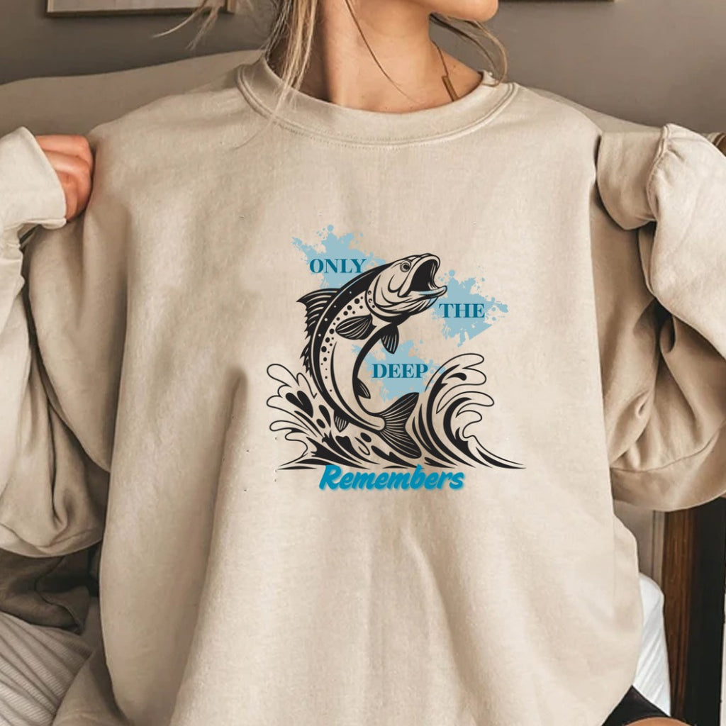Only the Deep Remembers Crewneck Sweatshirt, Leaping Fish Nautical Hoodie Tee, Fisherman Gift, Retro Ocean Angler Apparel, Deep Sea Crewneck