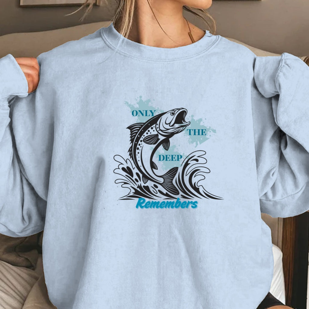 Only the Deep Remembers Crewneck Sweatshirt, Leaping Fish Nautical Hoodie Tee, Fisherman Gift, Retro Ocean Angler Apparel, Deep Sea Crewneck