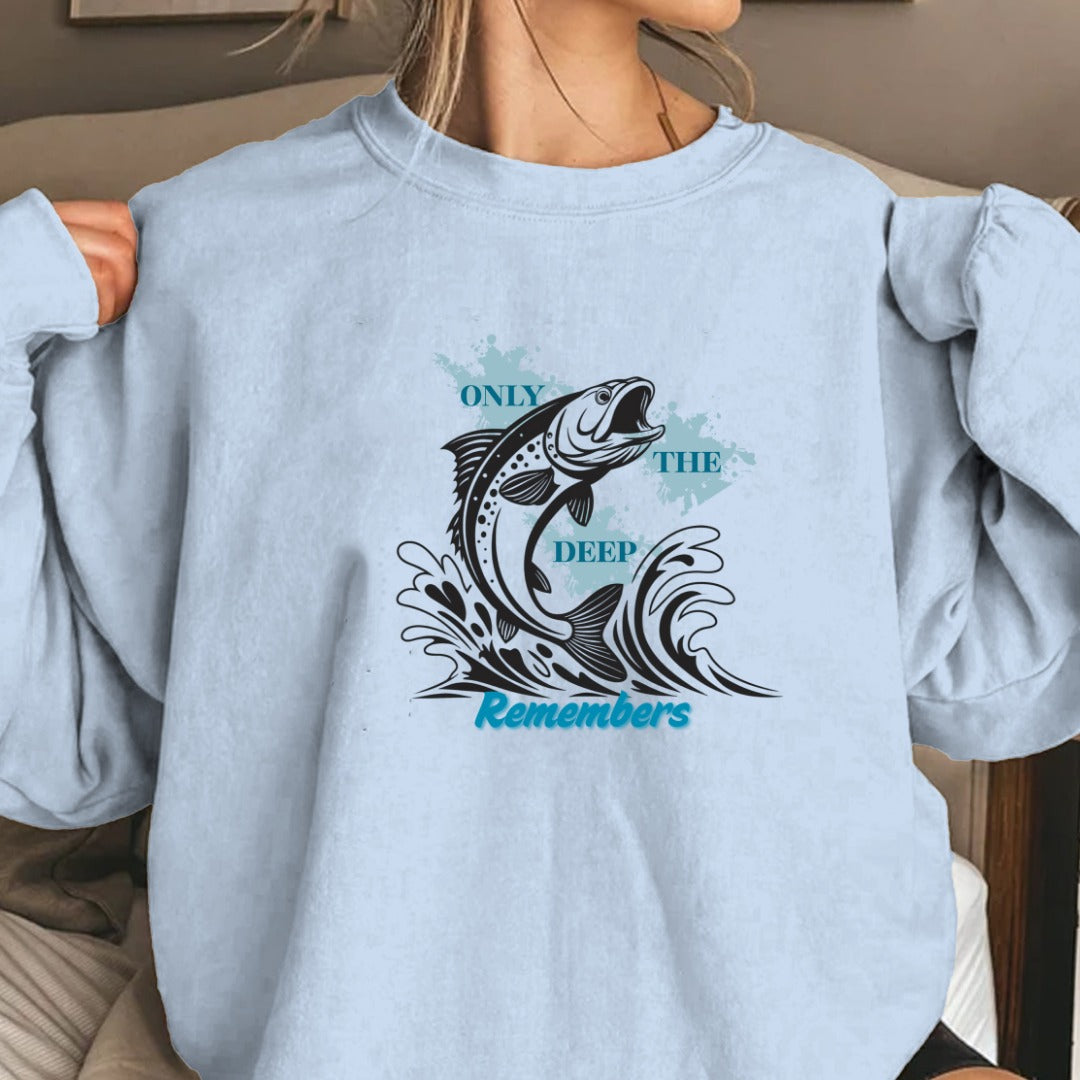 Only the Deep Remembers Crewneck Sweatshirt, Leaping Fish Nautical Hoodie Tee, Fisherman Gift, Retro Ocean Angler Apparel, Deep Sea Crewneck