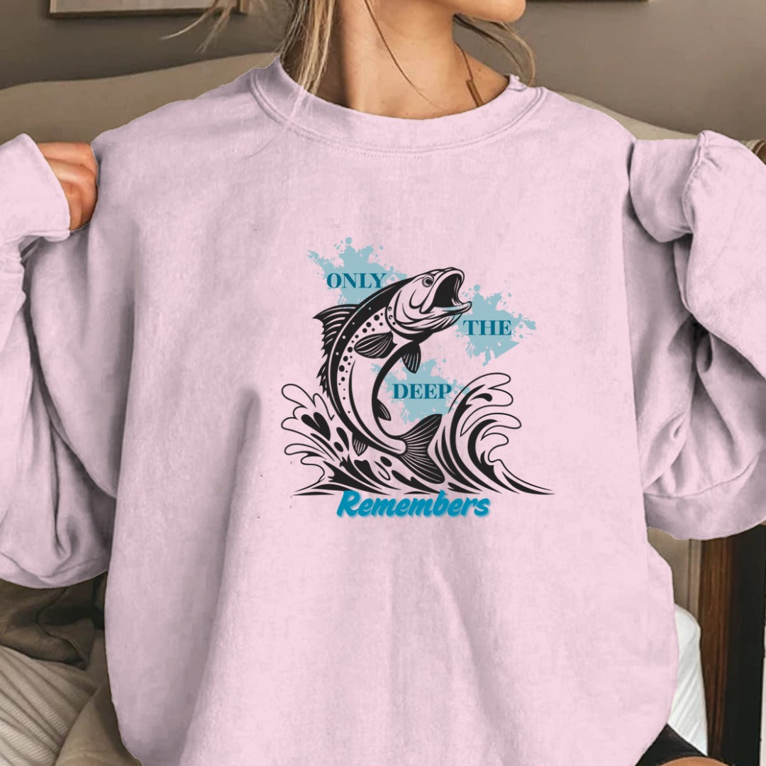 Only the Deep Remembers Crewneck Sweatshirt, Leaping Fish Nautical Hoodie Tee, Fisherman Gift, Retro Ocean Angler Apparel, Deep Sea Crewneck