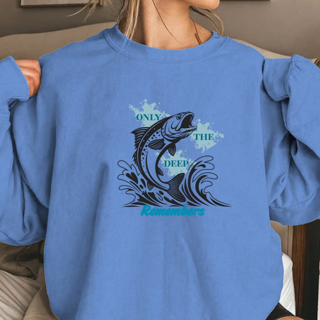 Only the Deep Remembers Crewneck Sweatshirt, Leaping Fish Nautical Hoodie Tee, Fisherman Gift, Retro Ocean Angler Apparel, Deep Sea Crewneck