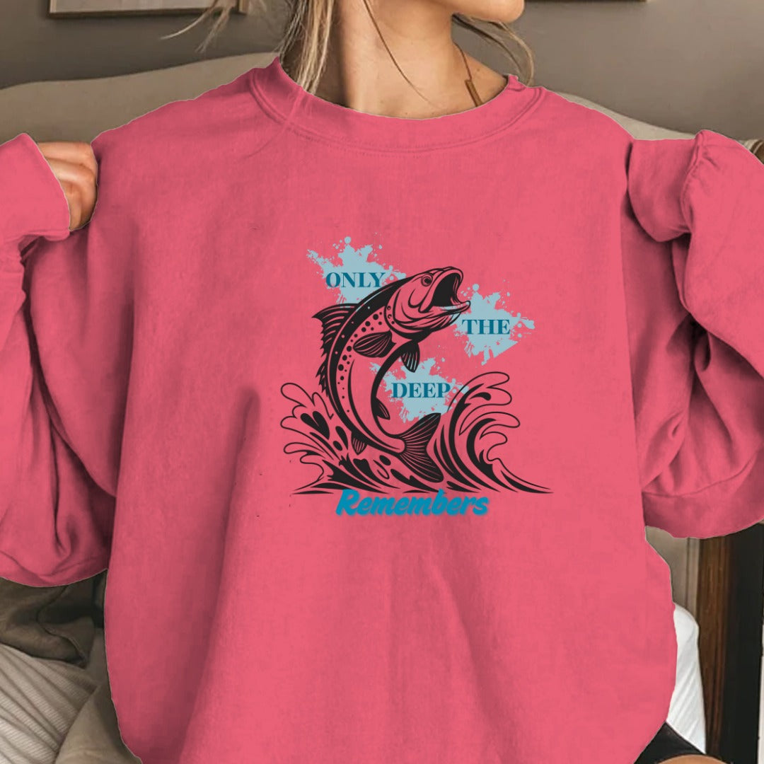 Only the Deep Remembers Crewneck Sweatshirt, Leaping Fish Nautical Hoodie Tee, Fisherman Gift, Retro Ocean Angler Apparel, Deep Sea Crewneck