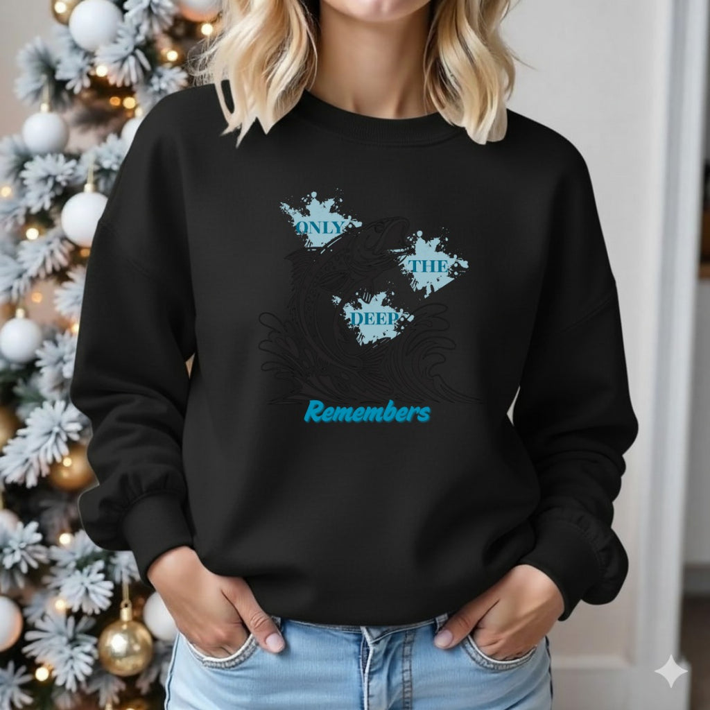 Only the Deep Remembers Crewneck Sweatshirt, Leaping Fish Nautical Hoodie Tee, Fisherman Gift, Retro Ocean Angler Apparel, Deep Sea Crewneck