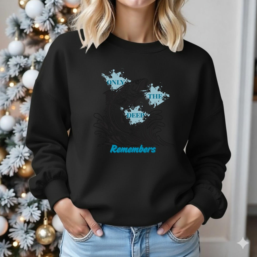 Only the Deep Remembers Crewneck Sweatshirt, Leaping Fish Nautical Hoodie Tee, Fisherman Gift, Retro Ocean Angler Apparel, Deep Sea Crewneck