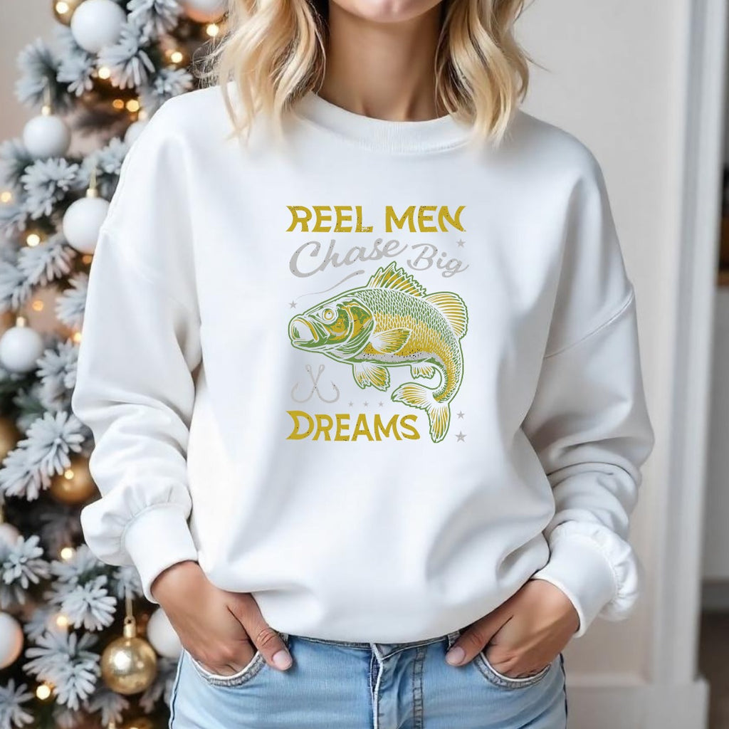 Reel Men Chase Big Dreams Fishing Sweatshirt, Bass Graphic Crewneck, Fisherman Gift, Retro Angler Apparel, Outdoor Bass Fishing Pullover