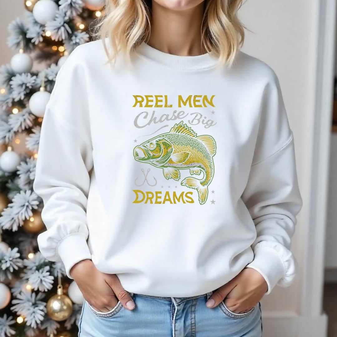 Reel Men Chase Big Dreams Fishing Sweatshirt, Bass Graphic Crewneck, Fisherman Gift, Retro Angler Apparel, Outdoor Bass Fishing Pullover