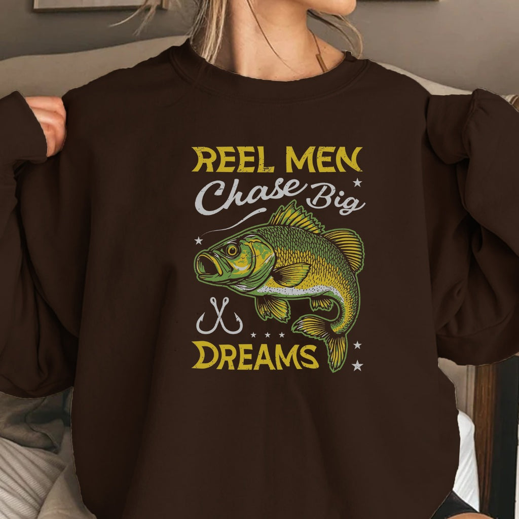 Reel Men Chase Big Dreams Fishing Sweatshirt, Bass Graphic Crewneck, Fisherman Gift, Retro Angler Apparel, Outdoor Bass Fishing Pullover