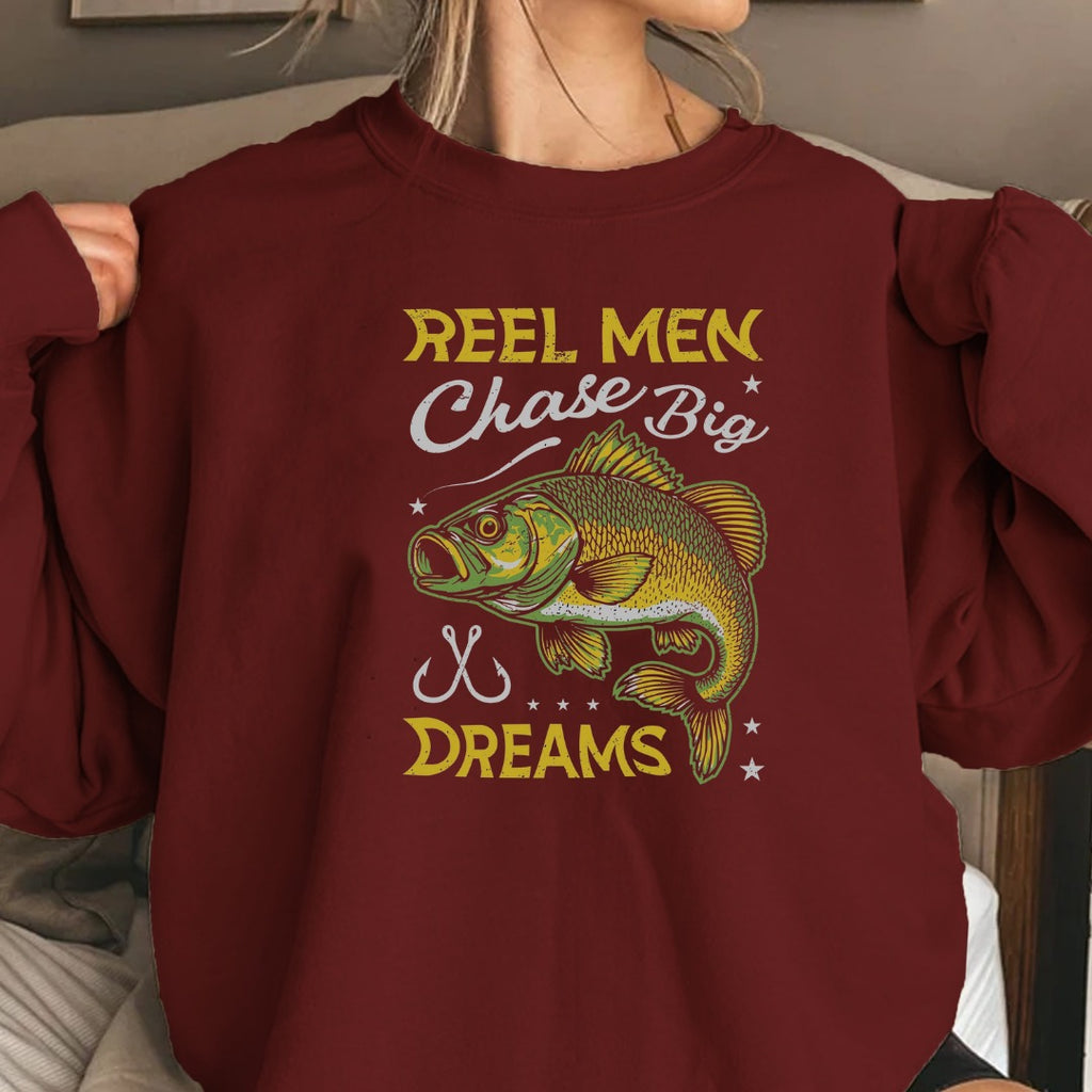 Reel Men Chase Big Dreams Fishing Sweatshirt, Bass Graphic Crewneck, Fisherman Gift, Retro Angler Apparel, Outdoor Bass Fishing Pullover