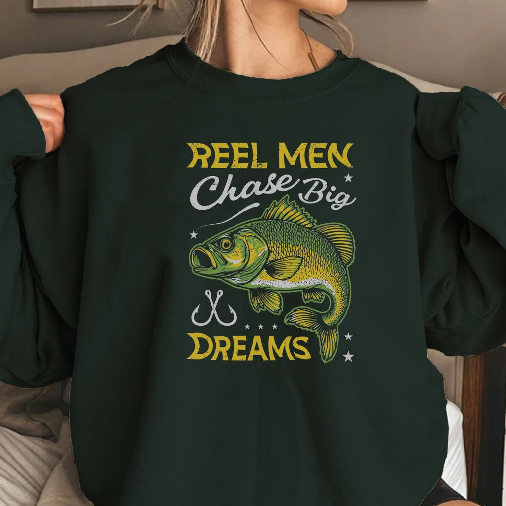 Reel Men Chase Big Dreams Fishing Sweatshirt, Bass Graphic Crewneck, Fisherman Gift, Retro Angler Apparel, Outdoor Bass Fishing Pullover