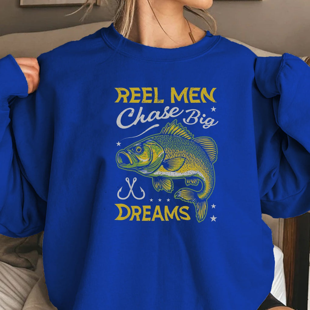 Reel Men Chase Big Dreams Fishing Sweatshirt, Bass Graphic Crewneck, Fisherman Gift, Retro Angler Apparel, Outdoor Bass Fishing Pullover