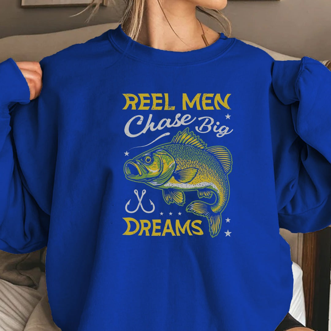 Reel Men Chase Big Dreams Fishing Sweatshirt, Bass Graphic Crewneck, Fisherman Gift, Retro Angler Apparel, Outdoor Bass Fishing Pullover
