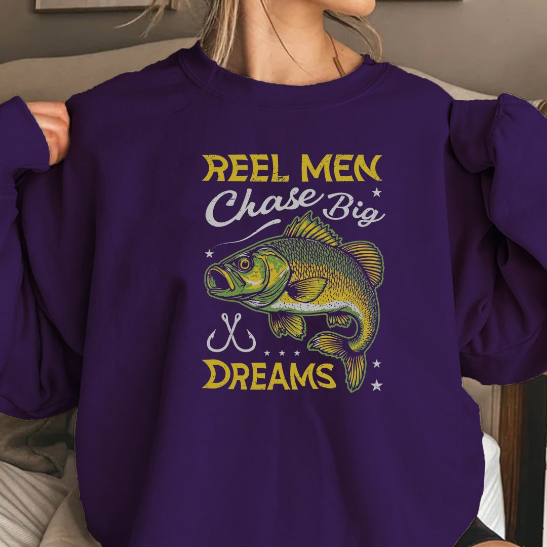 Reel Men Chase Big Dreams Fishing Sweatshirt, Bass Graphic Crewneck, Fisherman Gift, Retro Angler Apparel, Outdoor Bass Fishing Pullover