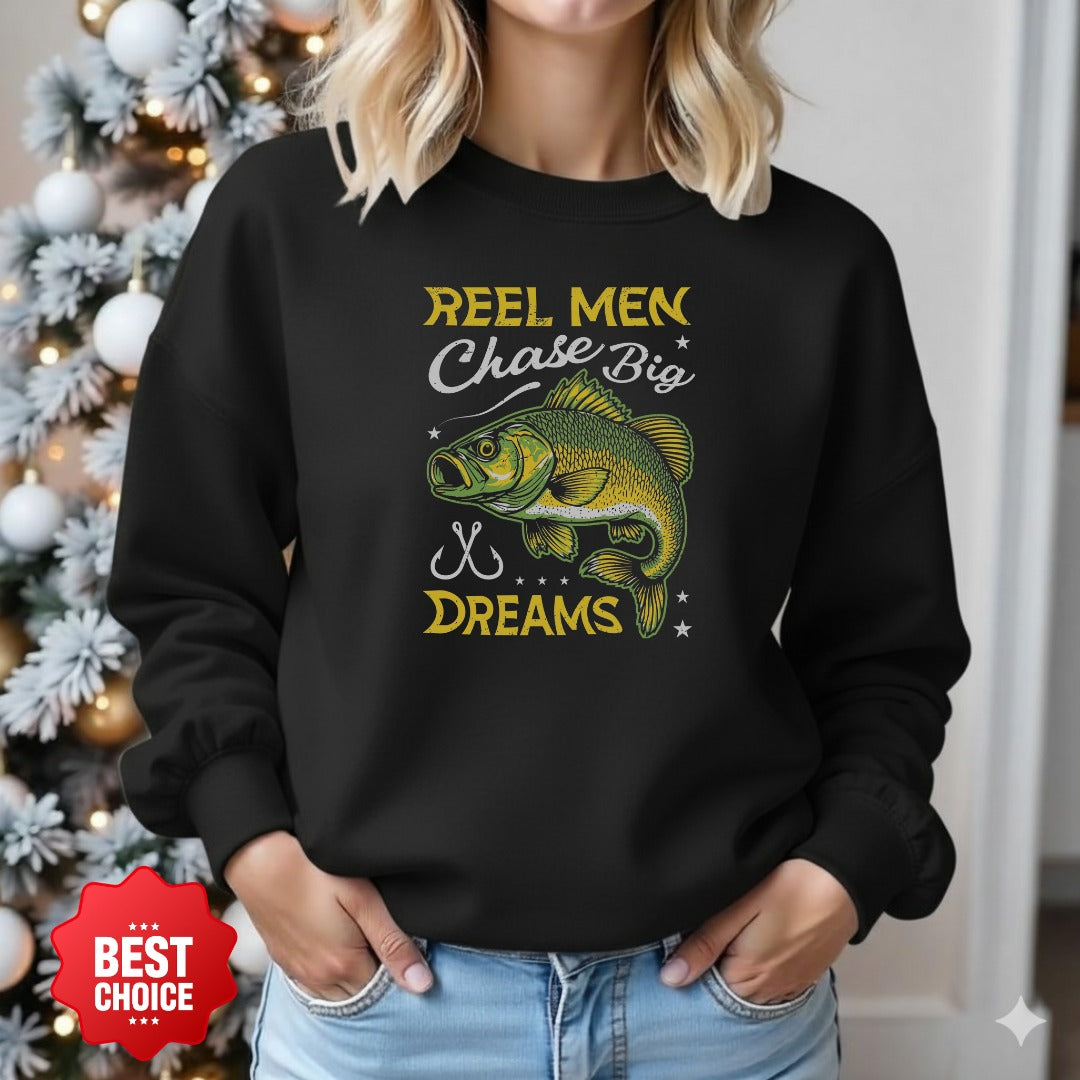 Reel Men Chase Big Dreams Fishing Sweatshirt, Bass Graphic Crewneck, Fisherman Gift, Retro Angler Apparel, Outdoor Bass Fishing Pullover
