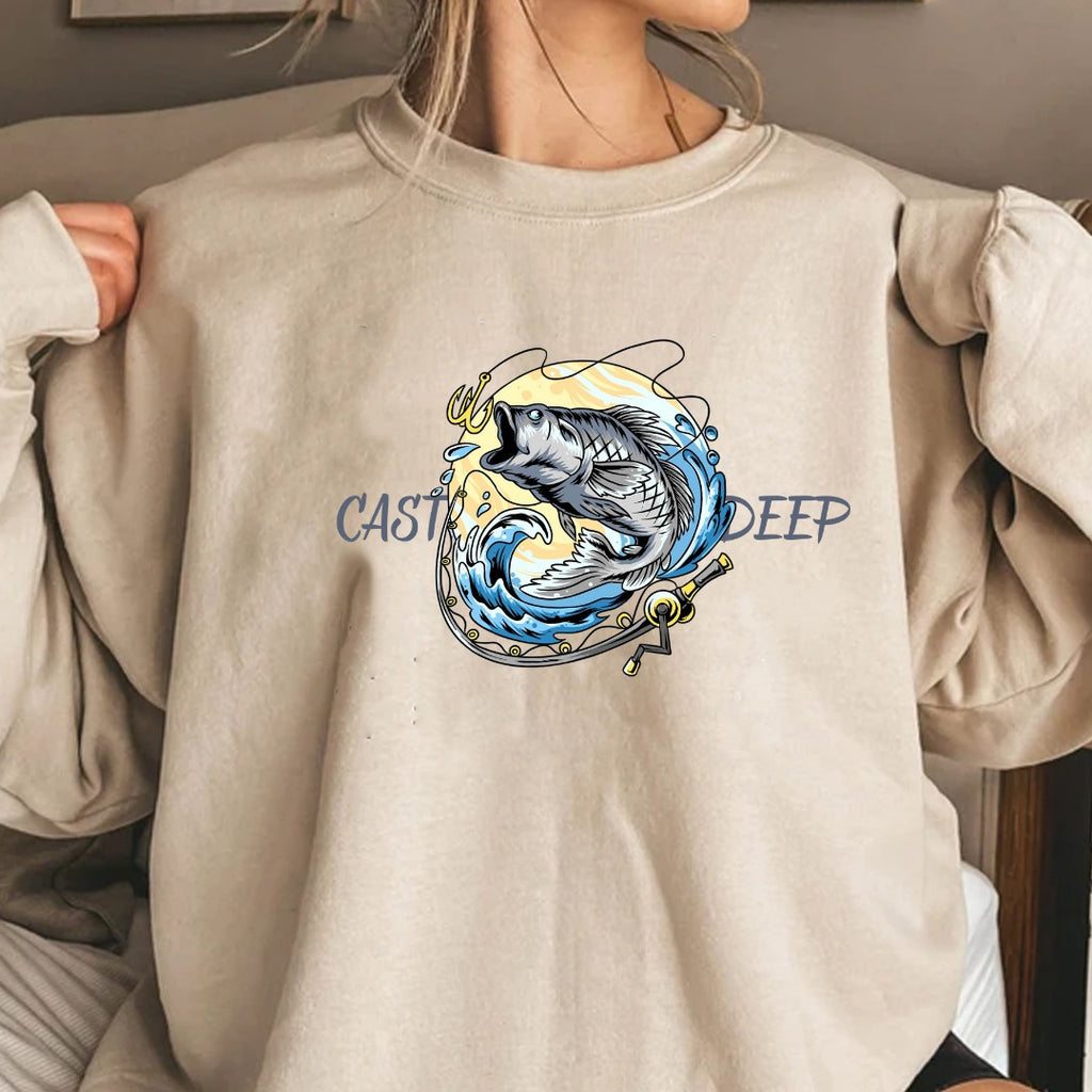 Cast Deep Crewneck Sweatshirt, Vintage Fishing Marlin Graphic Pullover, Fisherman Gift, Retro Ocean Angler Apparel, Outdoor Fishing Crewneck