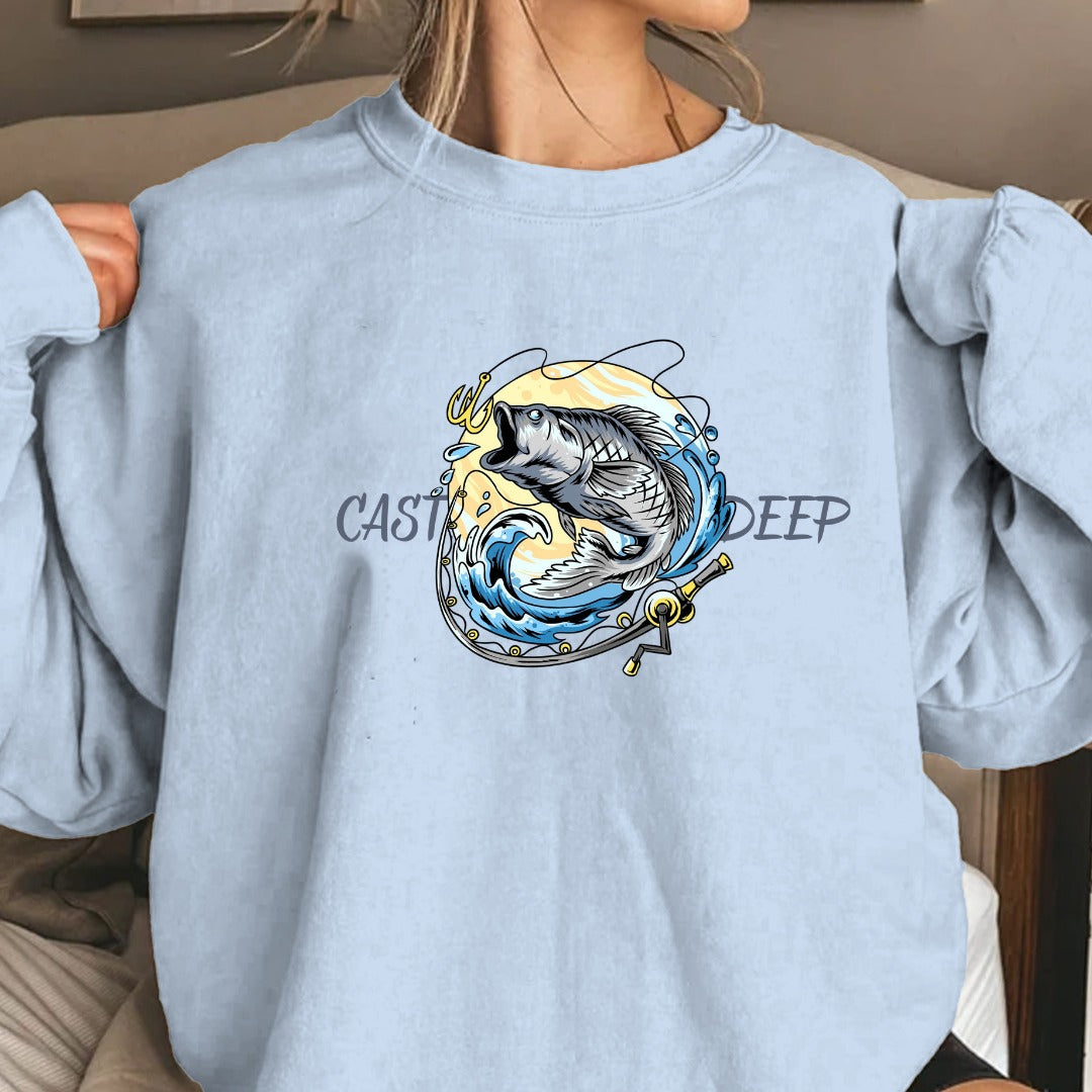 Cast Deep Crewneck Sweatshirt, Vintage Fishing Marlin Graphic Pullover, Fisherman Gift, Retro Ocean Angler Apparel, Outdoor Fishing Crewneck