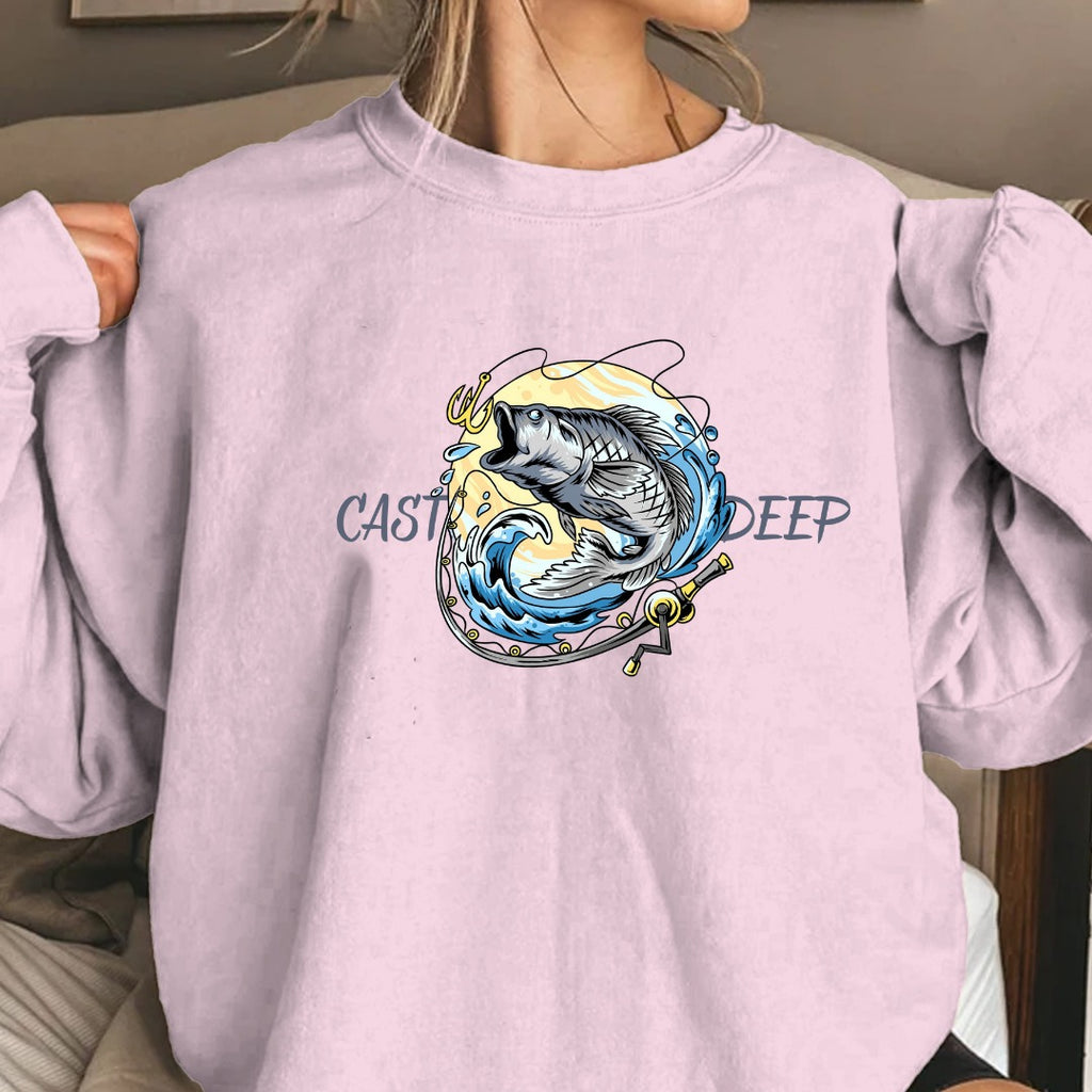 Cast Deep Crewneck Sweatshirt, Vintage Fishing Marlin Graphic Pullover, Fisherman Gift, Retro Ocean Angler Apparel, Outdoor Fishing Crewneck