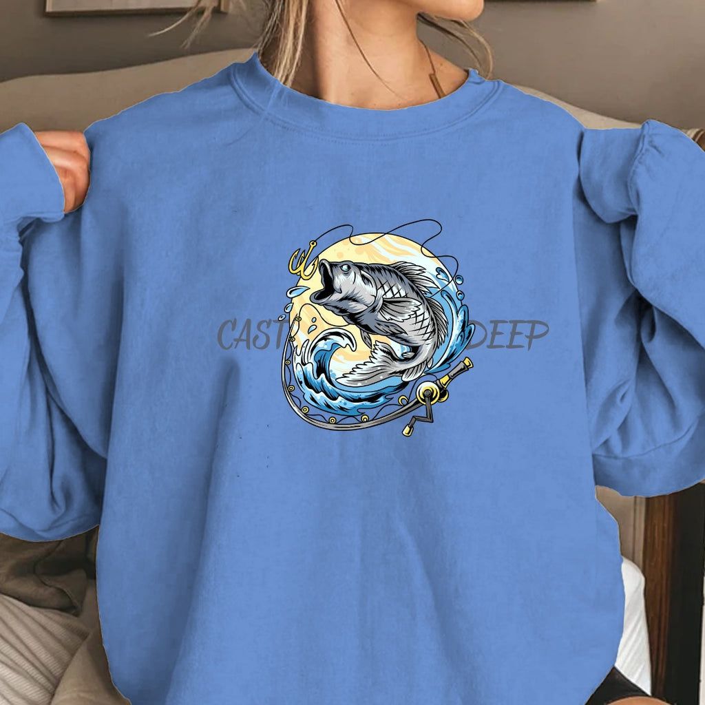 Cast Deep Crewneck Sweatshirt, Vintage Fishing Marlin Graphic Pullover, Fisherman Gift, Retro Ocean Angler Apparel, Outdoor Fishing Crewneck