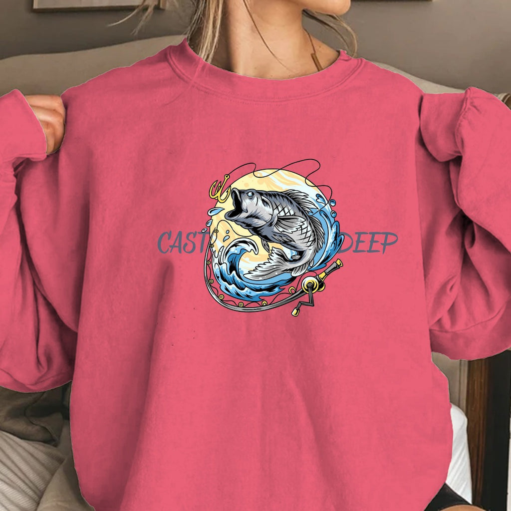Cast Deep Crewneck Sweatshirt, Vintage Fishing Marlin Graphic Pullover, Fisherman Gift, Retro Ocean Angler Apparel, Outdoor Fishing Crewneck