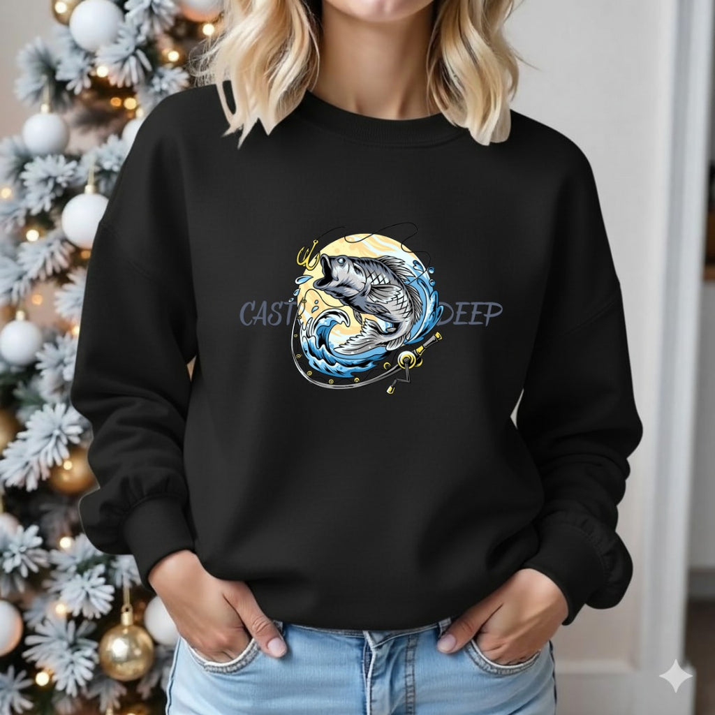 Cast Deep Crewneck Sweatshirt, Vintage Fishing Marlin Graphic Pullover, Fisherman Gift, Retro Ocean Angler Apparel, Outdoor Fishing Crewneck