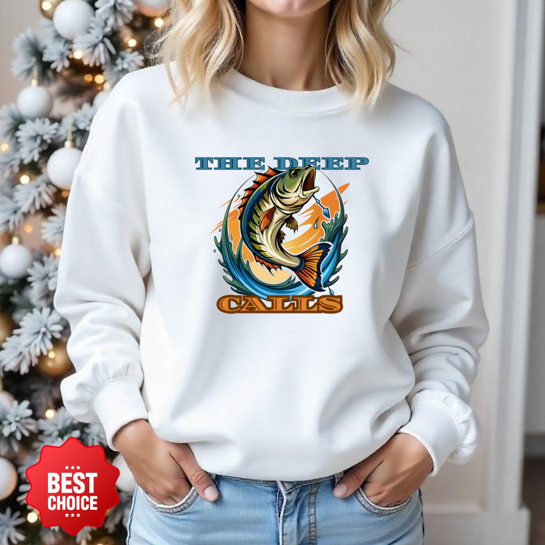 The Deep Calls Fishing Crewneck Sweatshirt, Bass Graphic Pullover, Fisherman Gift, Retro Angler Apparel, Outdoor Bass Fishing Crewneck