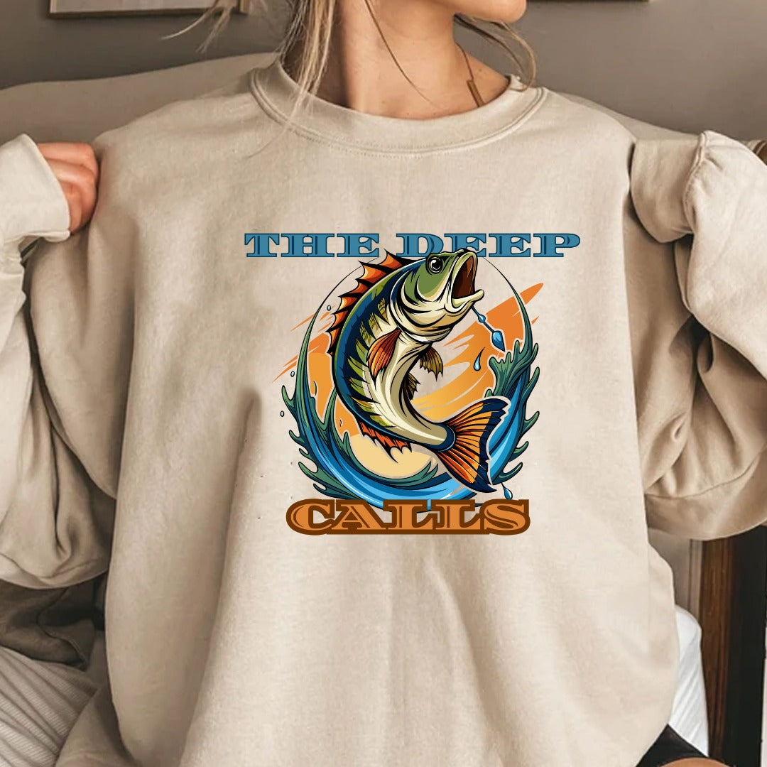 The Deep Calls Fishing Crewneck Sweatshirt, Bass Graphic Pullover, Fisherman Gift, Retro Angler Apparel, Outdoor Bass Fishing Crewneck