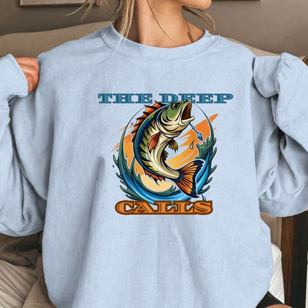 The Deep Calls Fishing Crewneck Sweatshirt, Bass Graphic Pullover, Fisherman Gift, Retro Angler Apparel, Outdoor Bass Fishing Crewneck