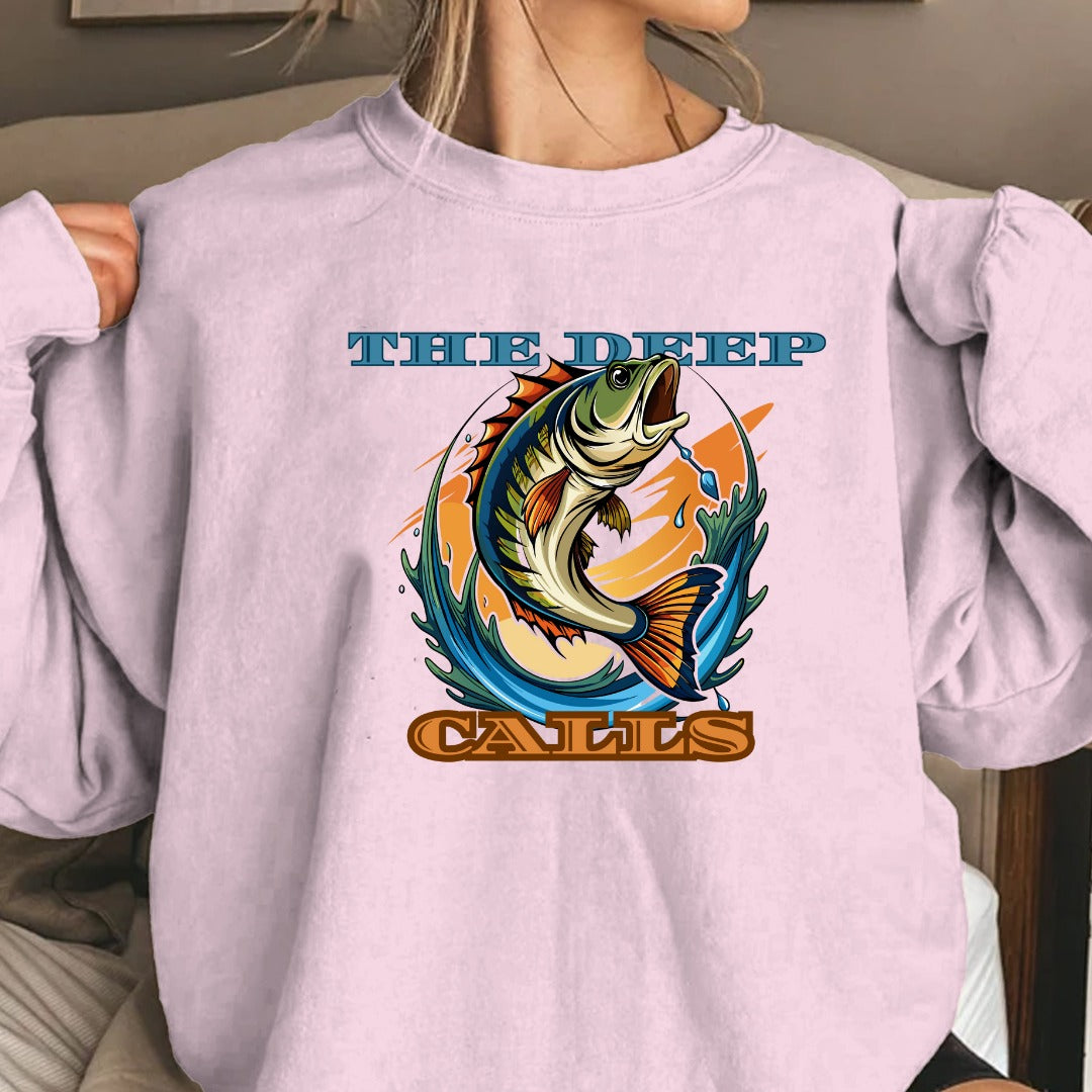 The Deep Calls Fishing Crewneck Sweatshirt, Bass Graphic Pullover, Fisherman Gift, Retro Angler Apparel, Outdoor Bass Fishing Crewneck