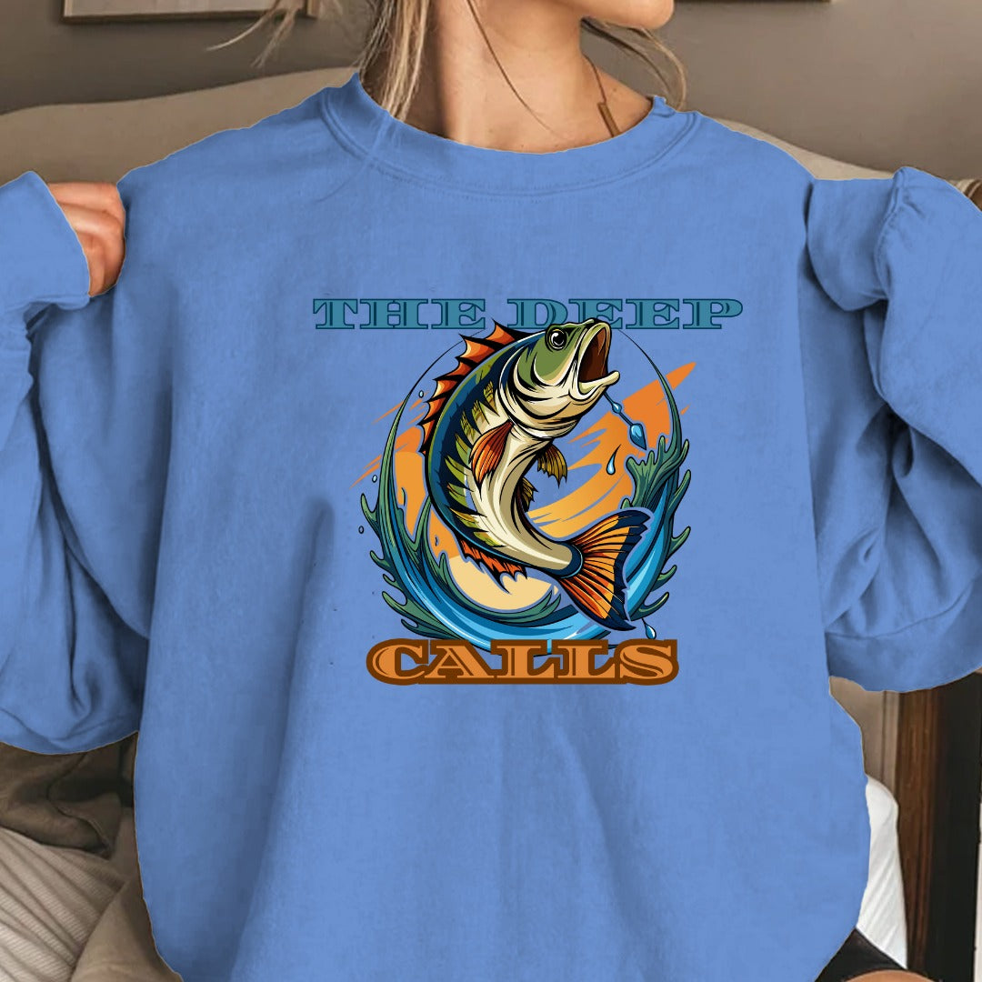 The Deep Calls Fishing Crewneck Sweatshirt, Bass Graphic Pullover, Fisherman Gift, Retro Angler Apparel, Outdoor Bass Fishing Crewneck