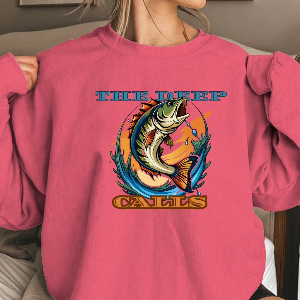 The Deep Calls Fishing Crewneck Sweatshirt, Bass Graphic Pullover, Fisherman Gift, Retro Angler Apparel, Outdoor Bass Fishing Crewneck