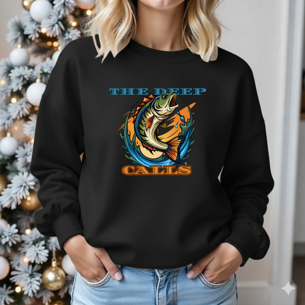 The Deep Calls Fishing Crewneck Sweatshirt, Bass Graphic Pullover, Fisherman Gift, Retro Angler Apparel, Outdoor Bass Fishing Crewneck