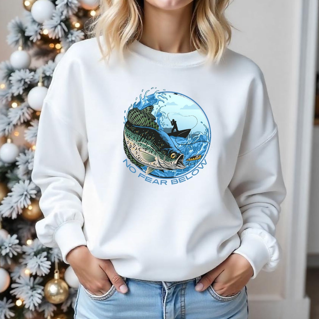 No Fear Below Fishing Crewneck Sweatshirt, Bass Graphic Pullover, Fisherman Gift, Retro Angler Apparel, Outdoor Bass Fishing Crewneck