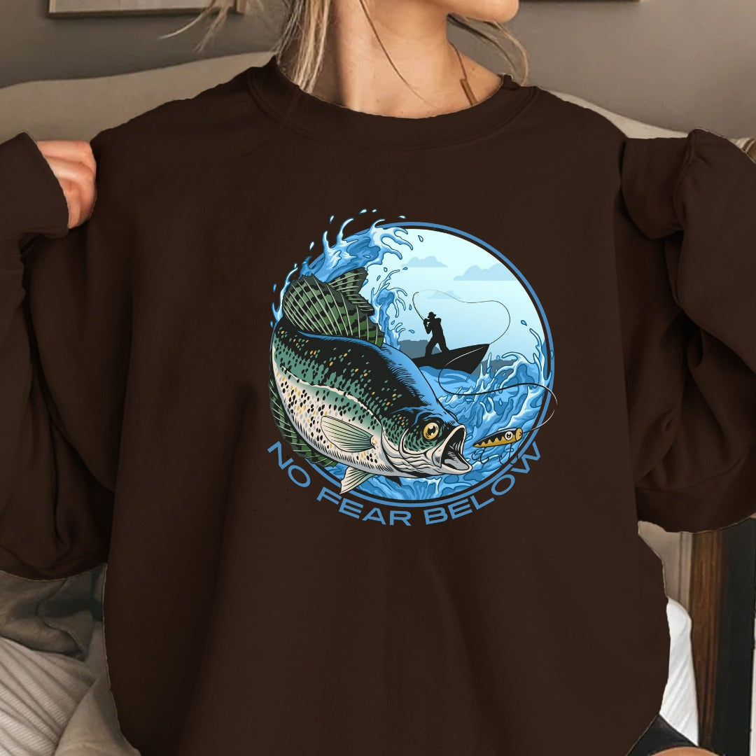No Fear Below Fishing Crewneck Sweatshirt, Bass Graphic Pullover, Fisherman Gift, Retro Angler Apparel, Outdoor Bass Fishing Crewneck