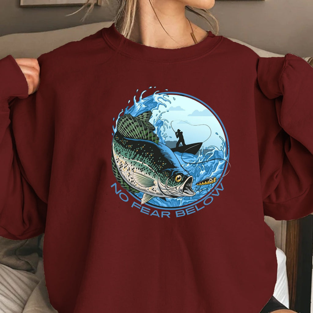 No Fear Below Fishing Crewneck Sweatshirt, Bass Graphic Pullover, Fisherman Gift, Retro Angler Apparel, Outdoor Bass Fishing Crewneck