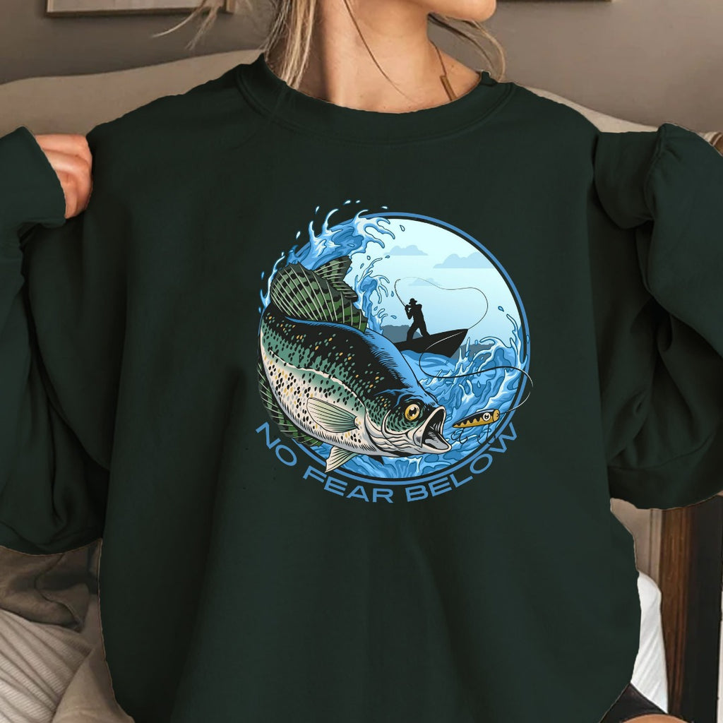 No Fear Below Fishing Crewneck Sweatshirt, Bass Graphic Pullover, Fisherman Gift, Retro Angler Apparel, Outdoor Bass Fishing Crewneck