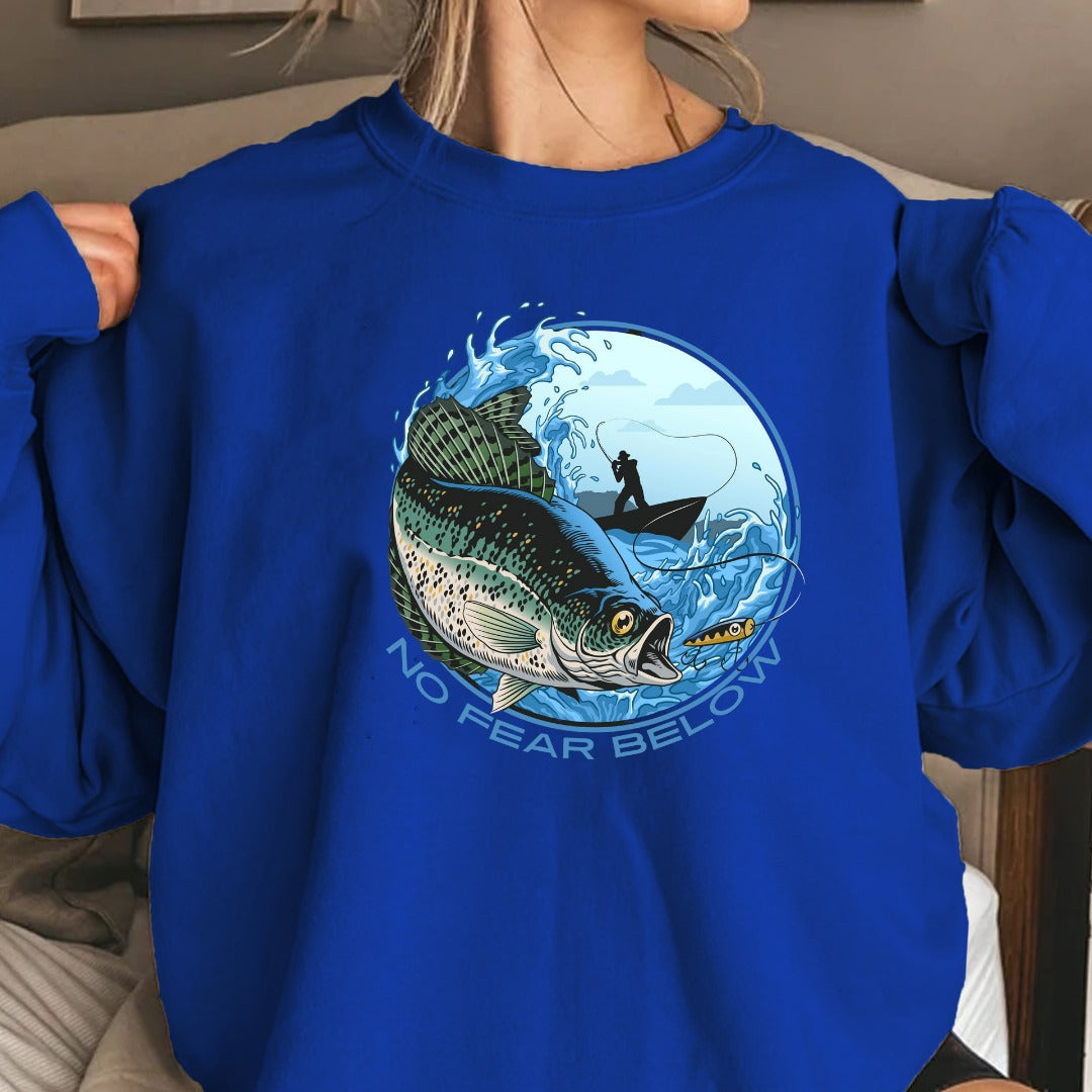 No Fear Below Fishing Crewneck Sweatshirt, Bass Graphic Pullover, Fisherman Gift, Retro Angler Apparel, Outdoor Bass Fishing Crewneck