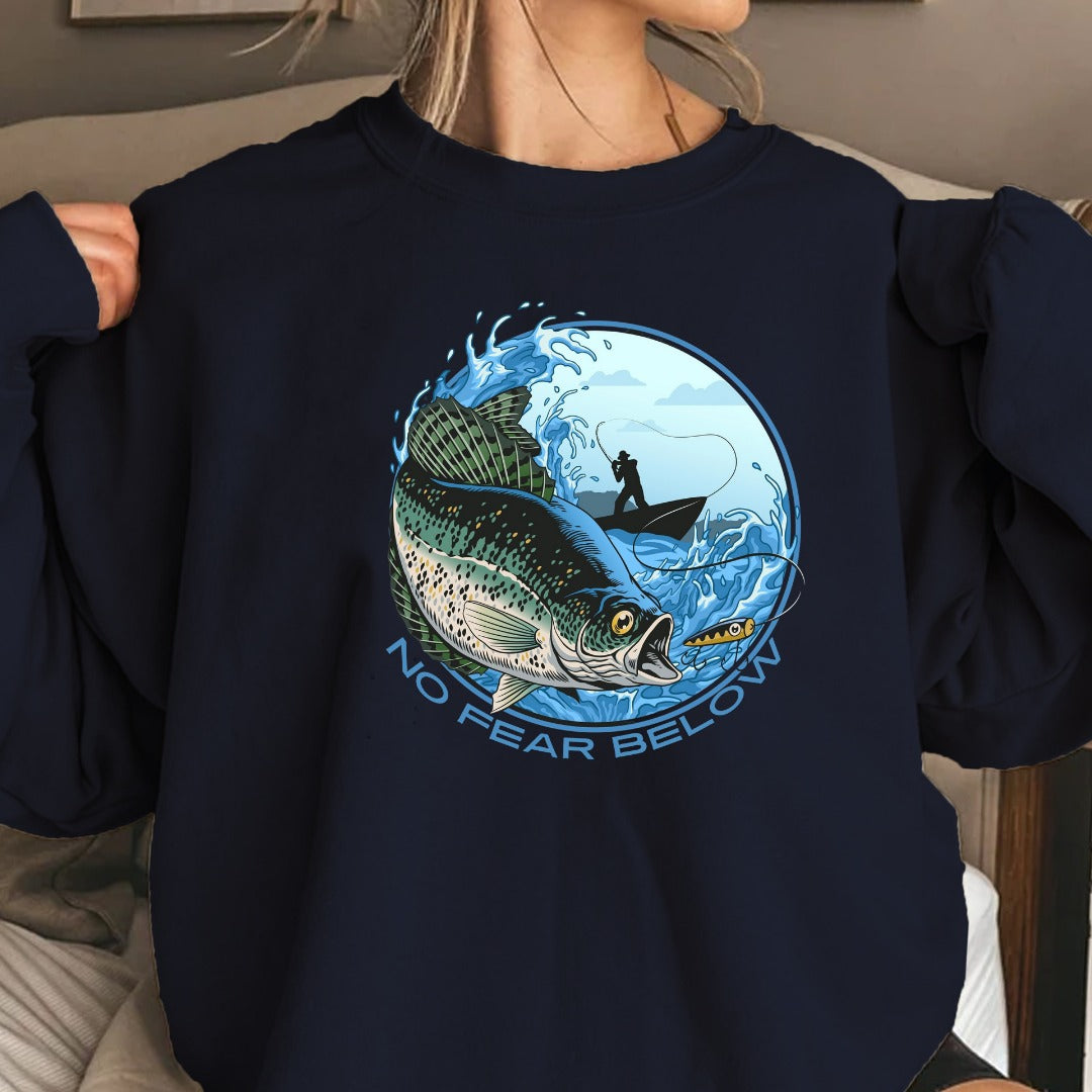 No Fear Below Fishing Crewneck Sweatshirt, Bass Graphic Pullover, Fisherman Gift, Retro Angler Apparel, Outdoor Bass Fishing Crewneck
