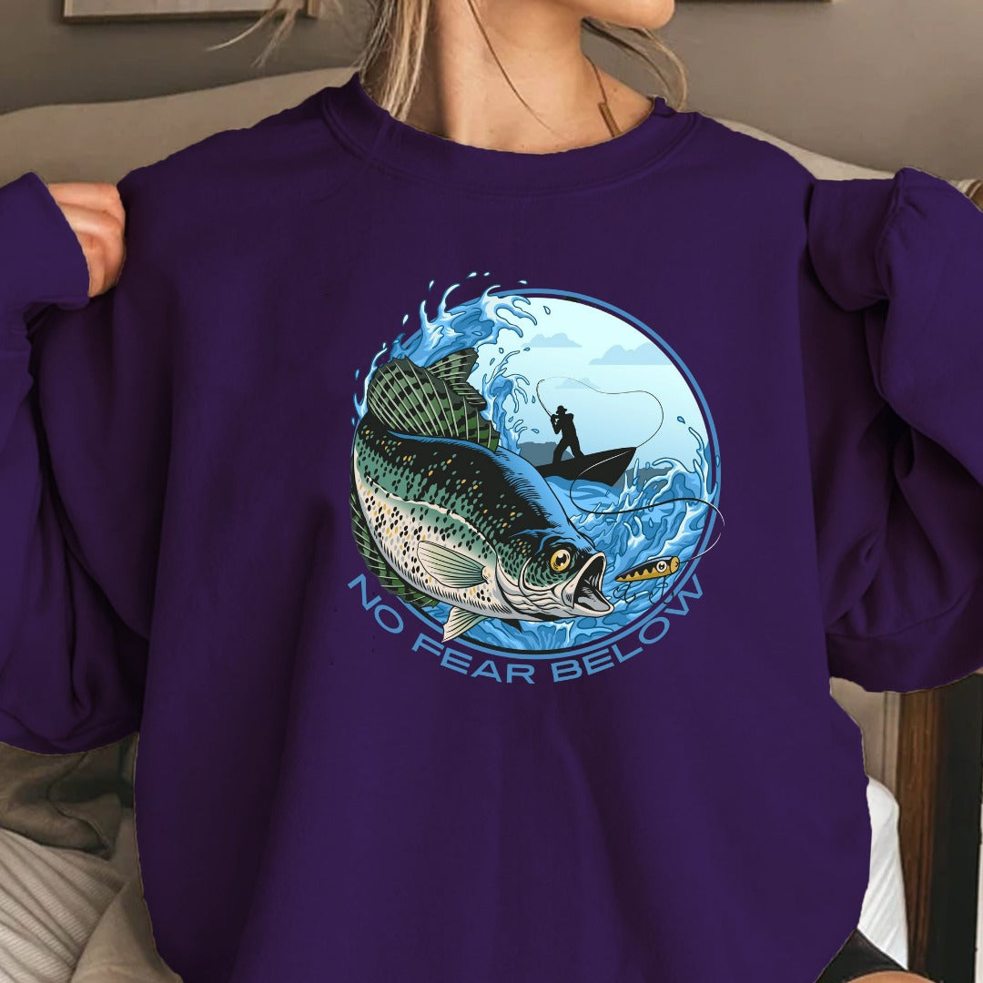 No Fear Below Fishing Crewneck Sweatshirt, Bass Graphic Pullover, Fisherman Gift, Retro Angler Apparel, Outdoor Bass Fishing Crewneck