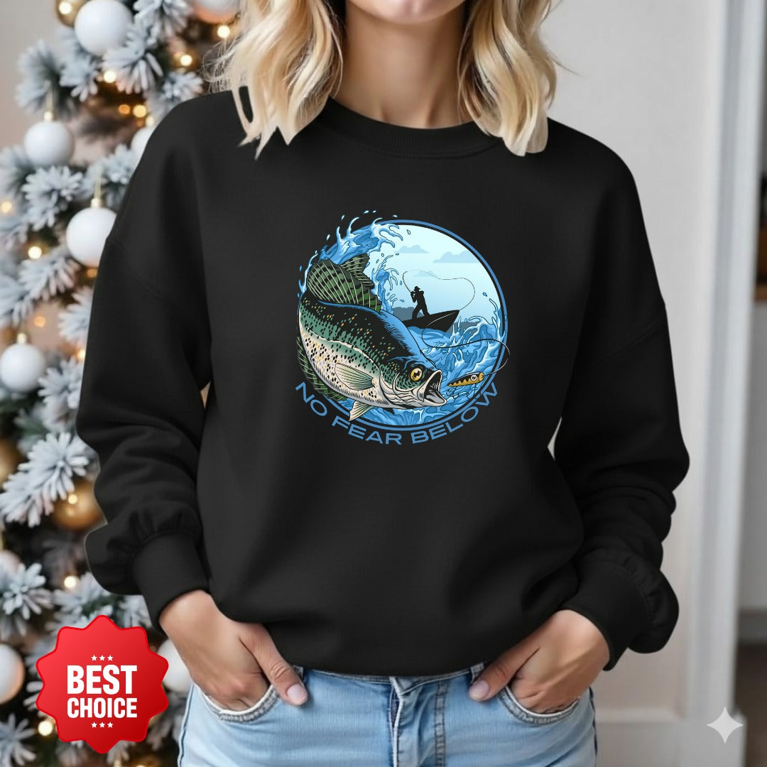 No Fear Below Fishing Crewneck Sweatshirt, Bass Graphic Pullover, Fisherman Gift, Retro Angler Apparel, Outdoor Bass Fishing Crewneck