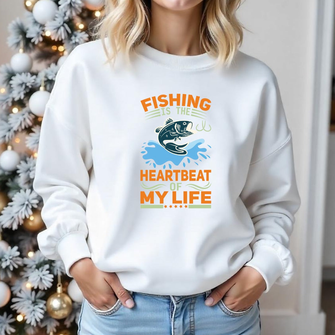 Fishing Is the Heartbeat of My Life Sweatshirt, Crewneck Pullover, Fisherman Gift, Retro Angler Apparel, Outdoor Ocean Fishing Crewneck