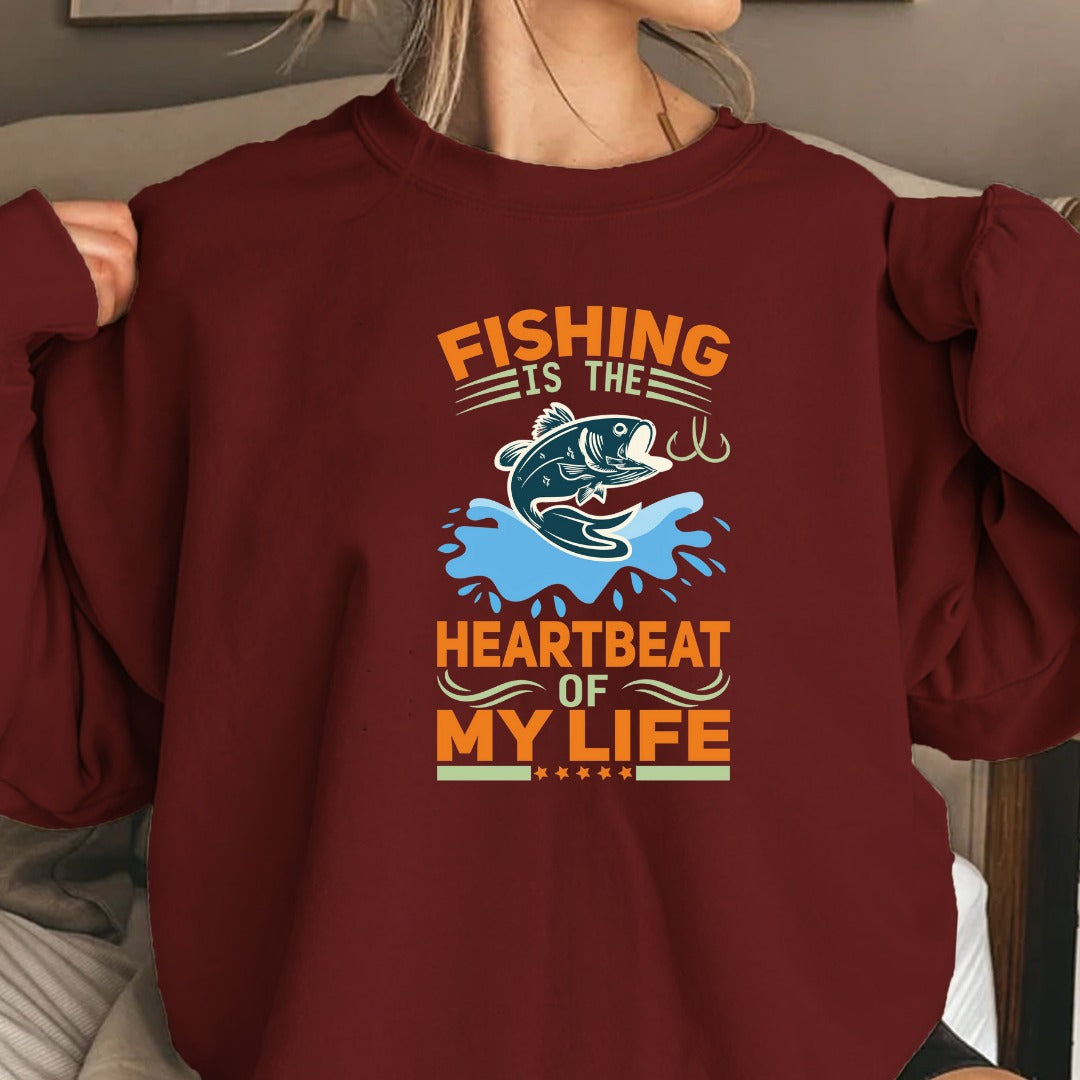 Fishing Is the Heartbeat of My Life Sweatshirt, Crewneck Pullover, Fisherman Gift, Retro Angler Apparel, Outdoor Ocean Fishing Crewneck