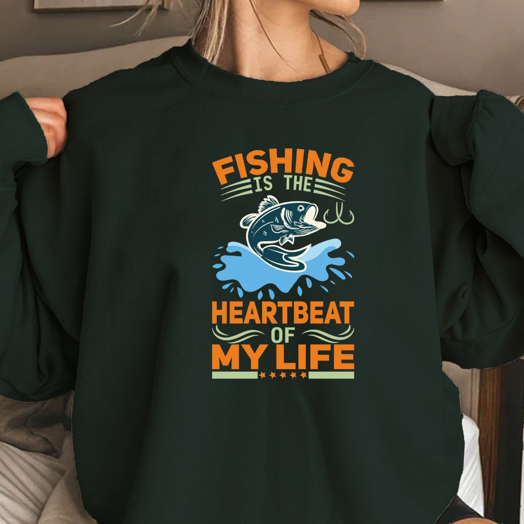 Fishing Is the Heartbeat of My Life Sweatshirt, Crewneck Pullover, Fisherman Gift, Retro Angler Apparel, Outdoor Ocean Fishing Crewneck