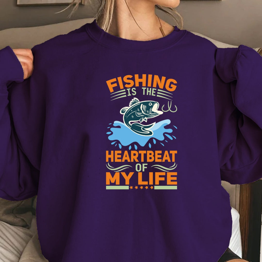 Fishing Is the Heartbeat of My Life Sweatshirt, Crewneck Pullover, Fisherman Gift, Retro Angler Apparel, Outdoor Ocean Fishing Crewneck