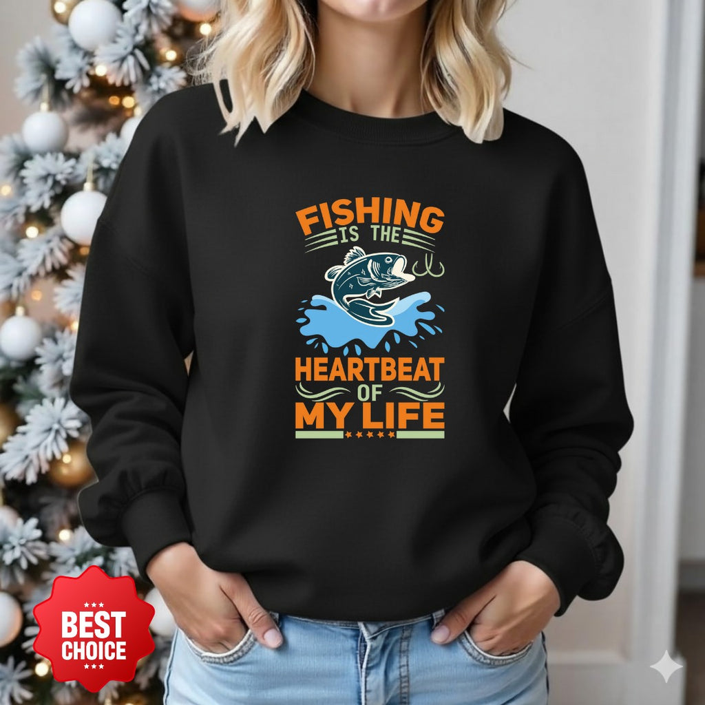 Fishing Is the Heartbeat of My Life Sweatshirt, Crewneck Pullover, Fisherman Gift, Retro Angler Apparel, Outdoor Ocean Fishing Crewneck